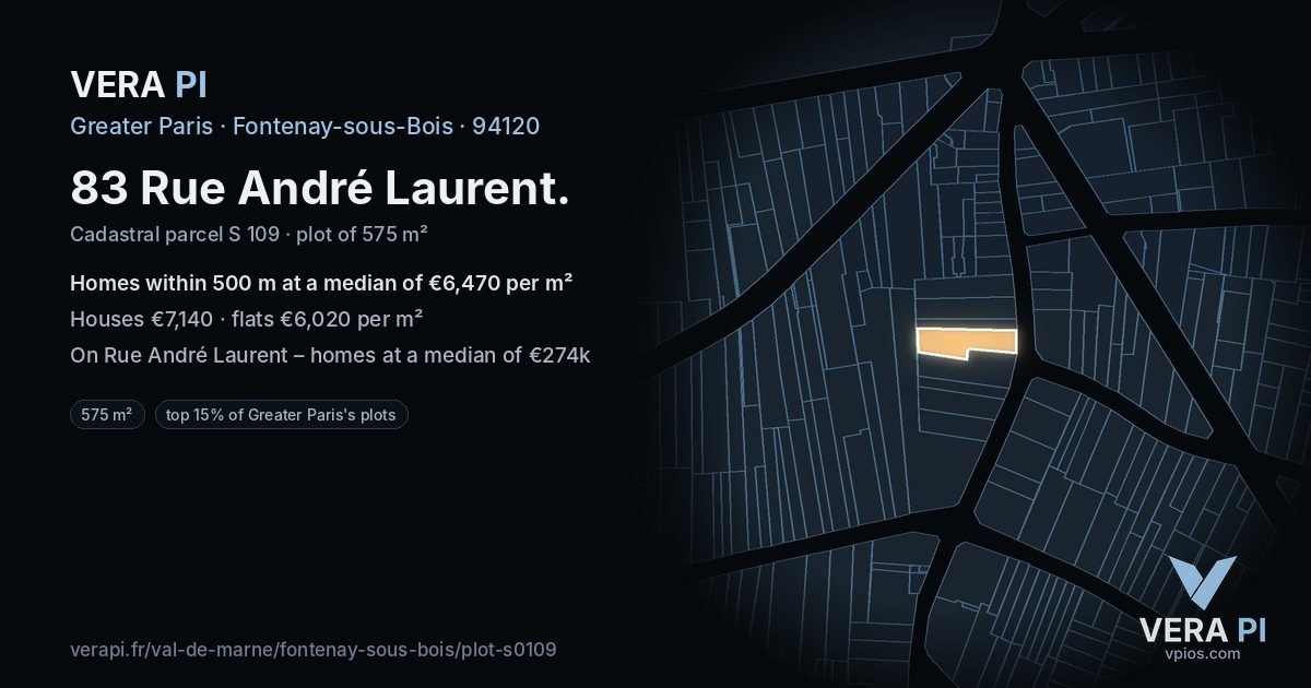 83 Rue André Laurent, Fontenay-sous-Bois at night – the plot lit, the parcels around coloured by the prices near them
