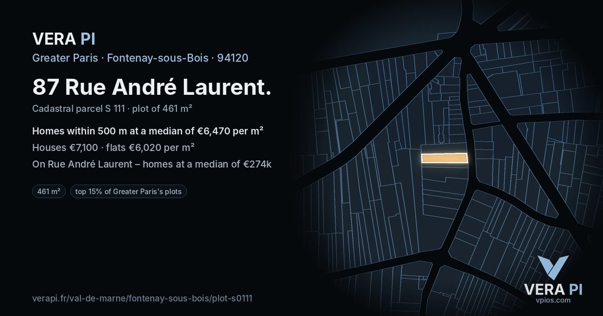 87 Rue André Laurent, Fontenay-sous-Bois at night – the plot lit, the parcels around coloured by the prices near them