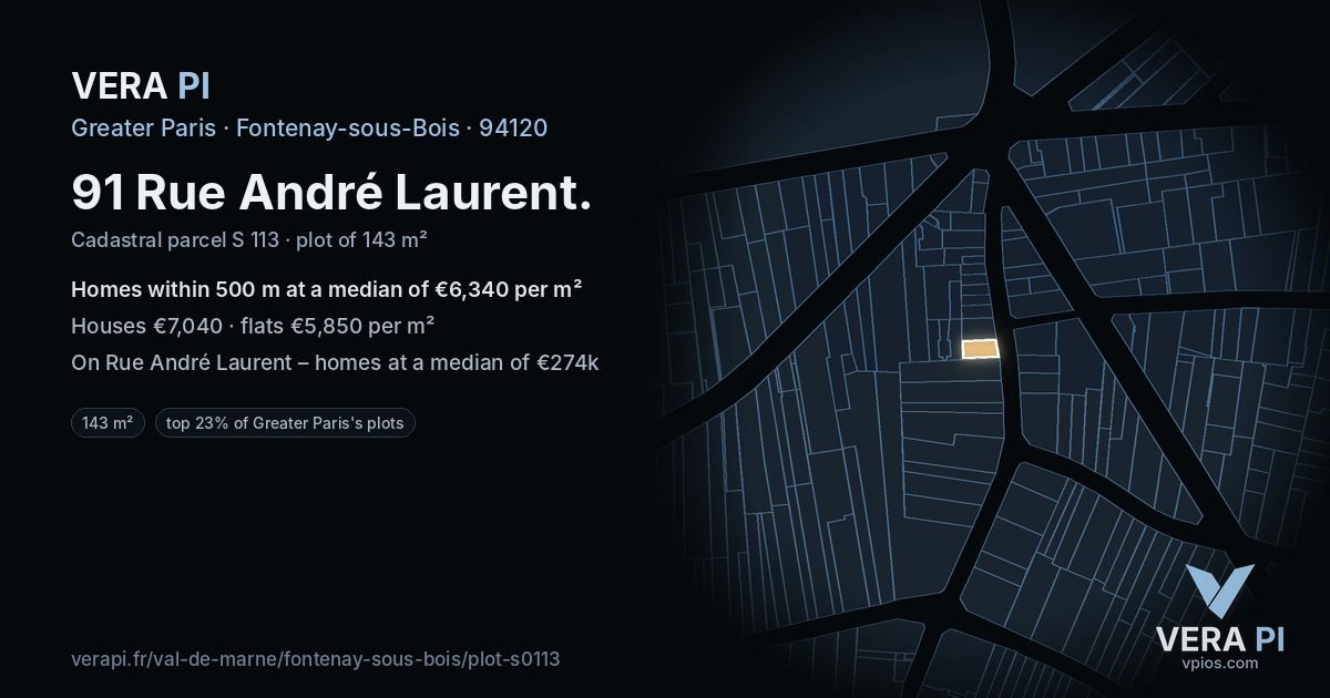 91 Rue André Laurent, Fontenay-sous-Bois at night – the plot lit, the parcels around coloured by the prices near them