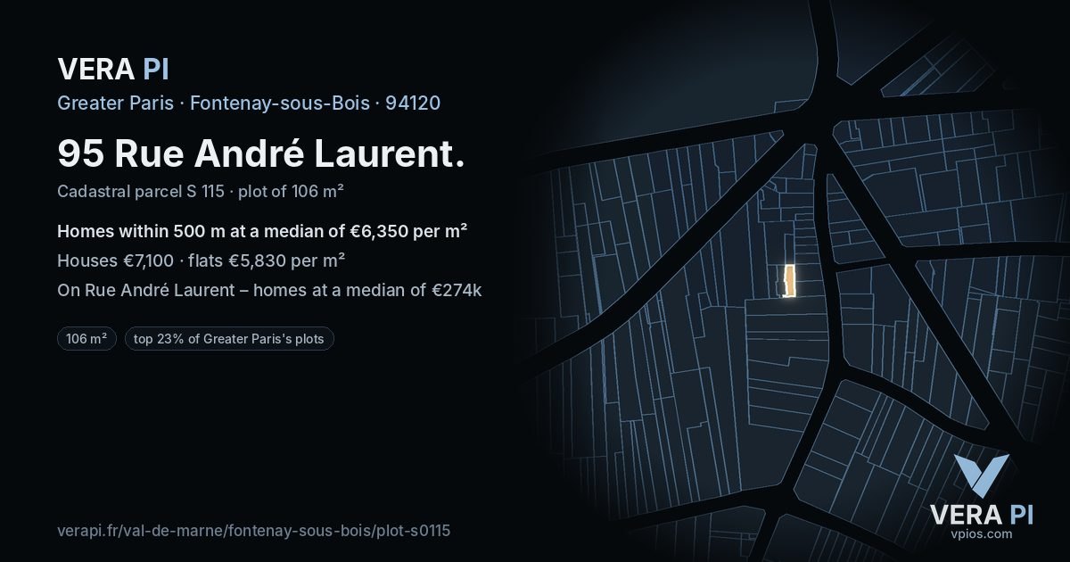 95 Rue André Laurent, Fontenay-sous-Bois at night – the plot lit, the parcels around coloured by the prices near them