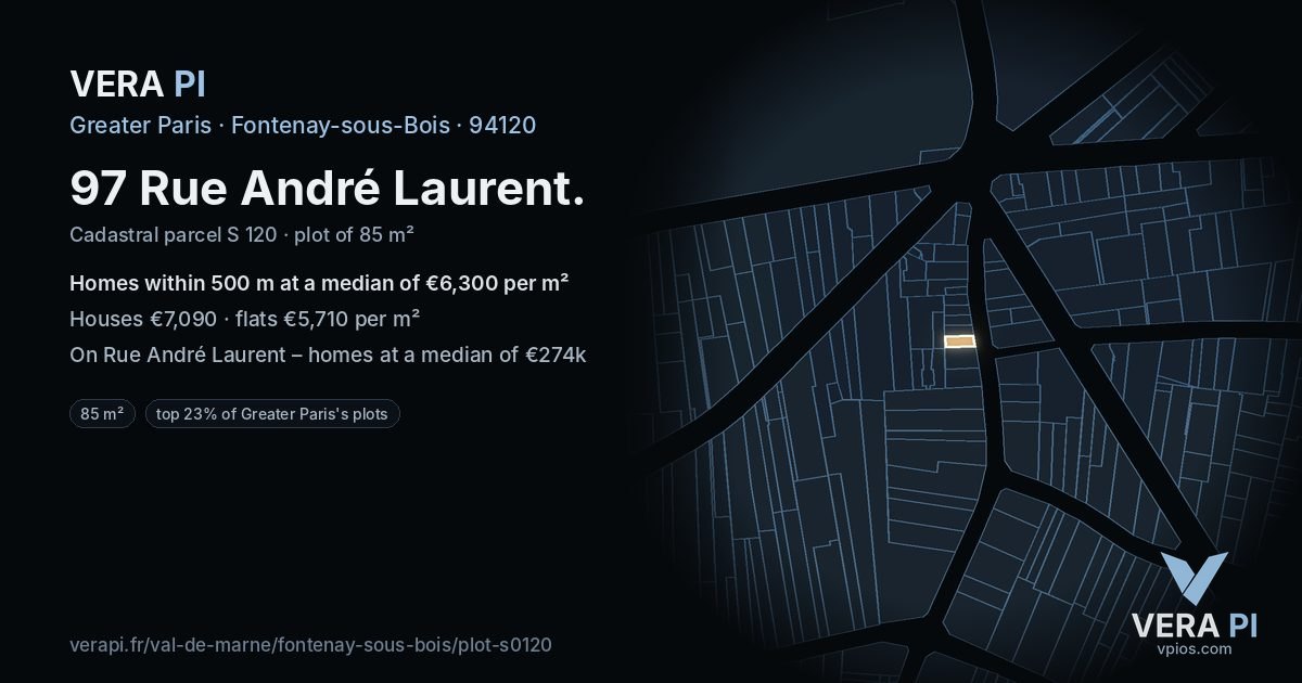 97 Rue André Laurent, Fontenay-sous-Bois at night – the plot lit, the parcels around coloured by the prices near them