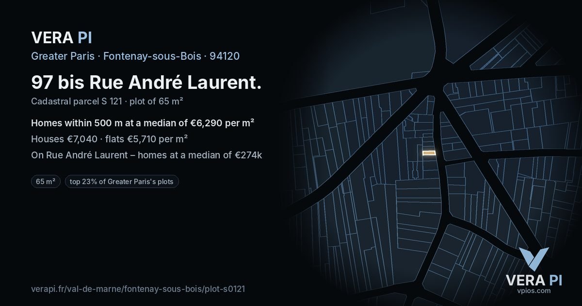 97 bis Rue André Laurent, Fontenay-sous-Bois at night – the plot lit, the parcels around coloured by the prices near them