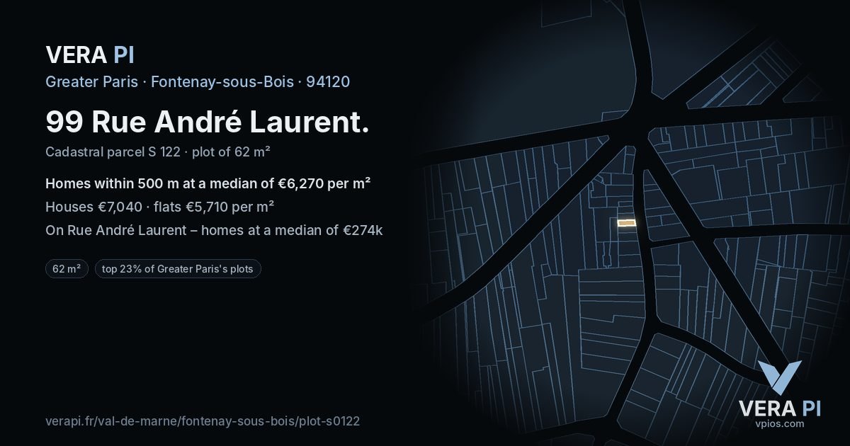 99 Rue André Laurent, Fontenay-sous-Bois at night – the plot lit, the parcels around coloured by the prices near them