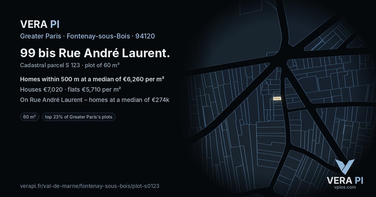 99 bis Rue André Laurent, Fontenay-sous-Bois at night – the plot lit, the parcels around coloured by the prices near them