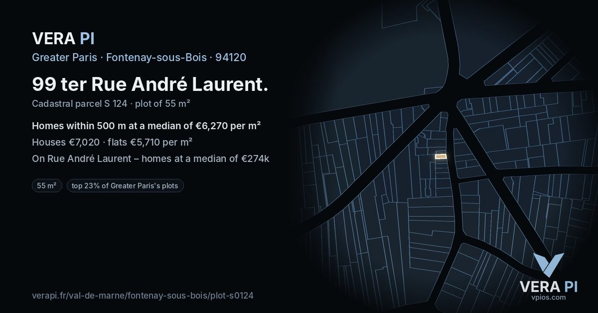 99 ter Rue André Laurent, Fontenay-sous-Bois at night – the plot lit, the parcels around coloured by the prices near them