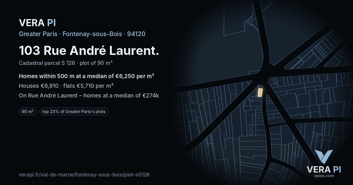 103 Rue André Laurent, Fontenay-sous-Bois at night – the plot lit, the parcels around coloured by the prices near them