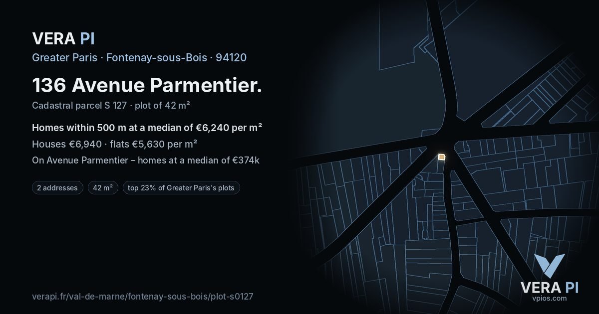 136 Avenue Parmentier, Fontenay-sous-Bois at night – the plot lit, the parcels around coloured by the prices near them