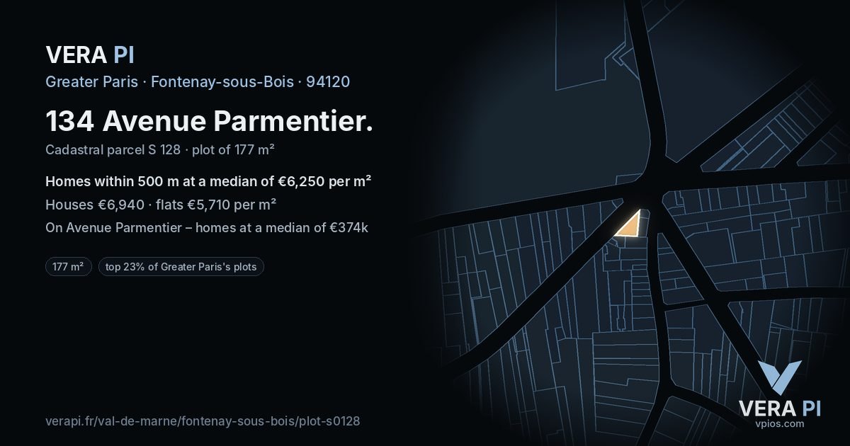 134 Avenue Parmentier, Fontenay-sous-Bois at night – the plot lit, the parcels around coloured by the prices near them