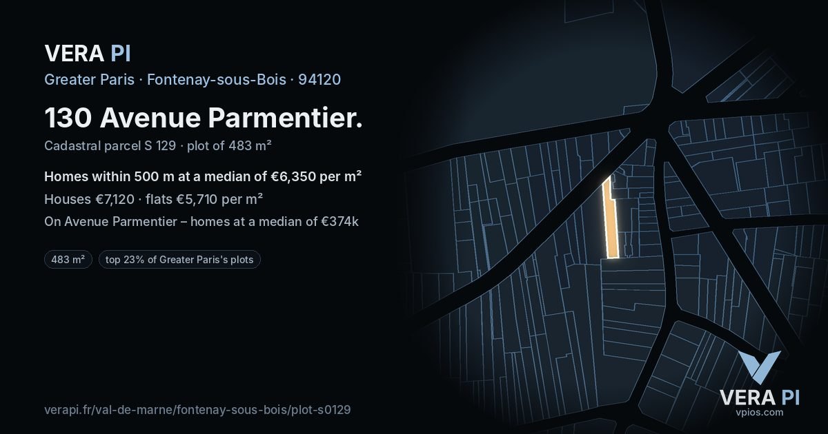130 Avenue Parmentier, Fontenay-sous-Bois at night – the plot lit, the parcels around coloured by the prices near them