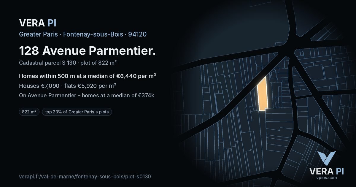 128 Avenue Parmentier, Fontenay-sous-Bois at night – the plot lit, the parcels around coloured by the prices near them