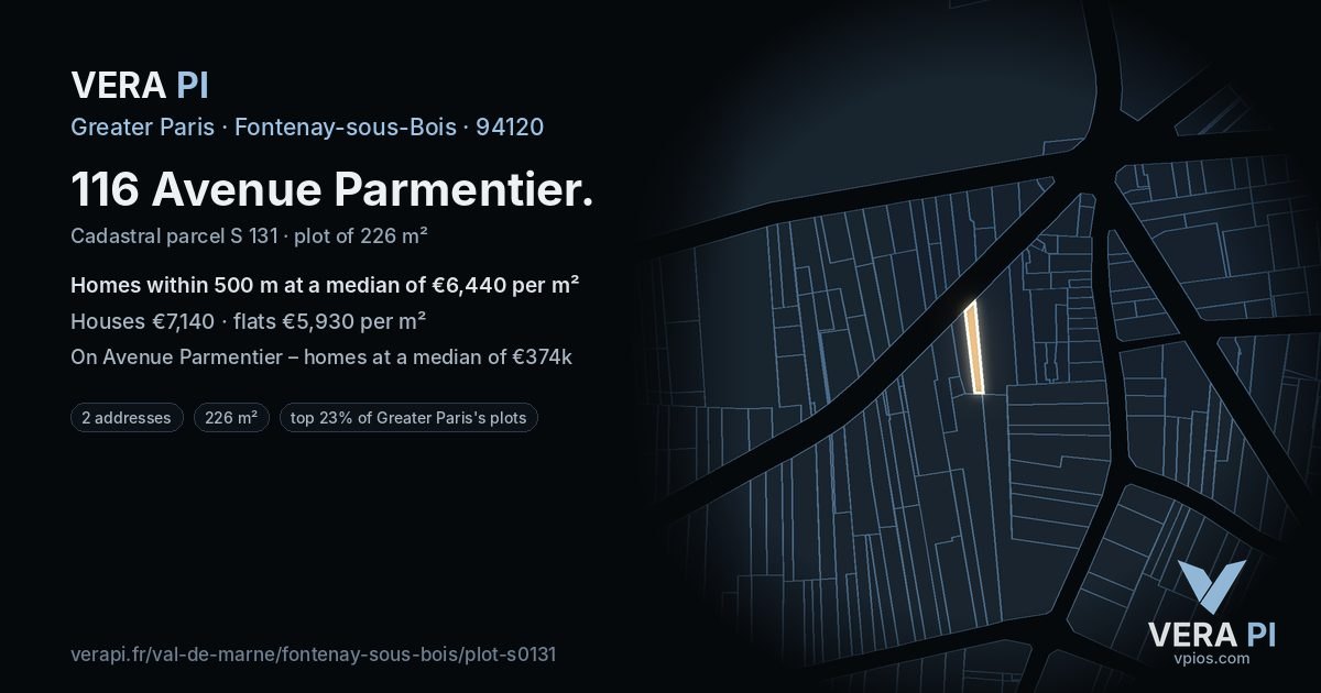 116 Avenue Parmentier, Fontenay-sous-Bois at night – the plot lit, the parcels around coloured by the prices near them