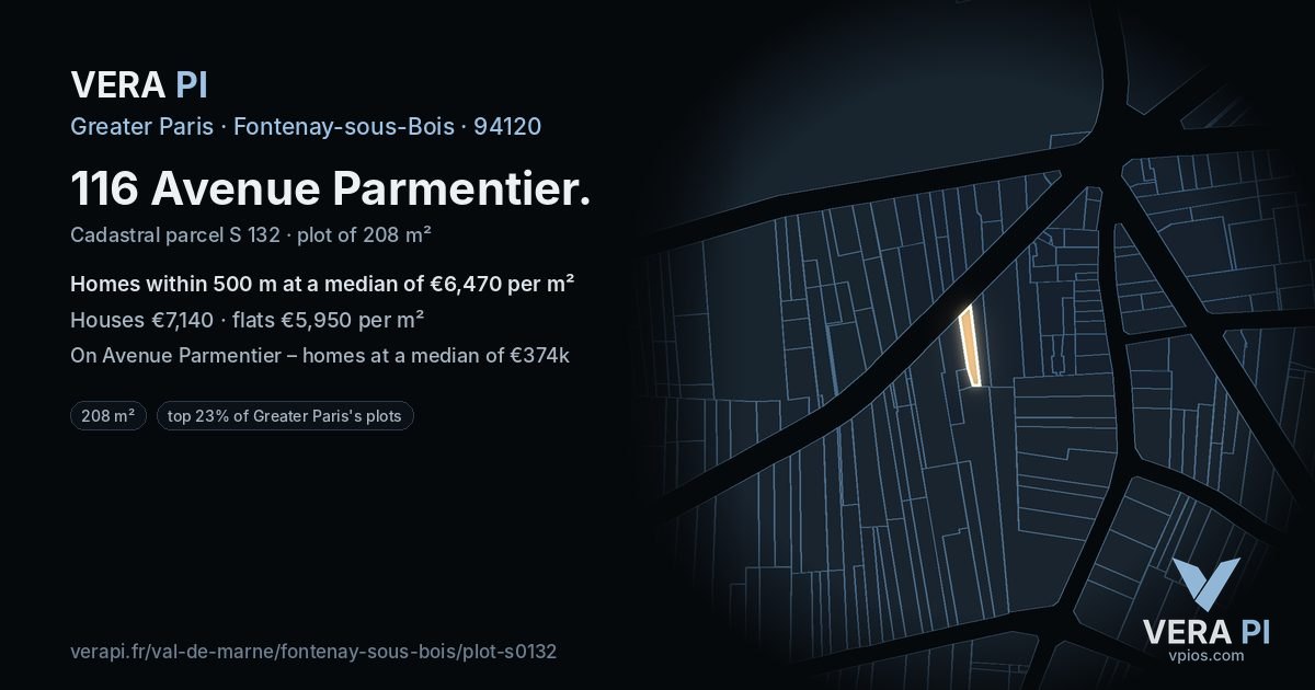 116 Avenue Parmentier, Fontenay-sous-Bois at night – the plot lit, the parcels around coloured by the prices near them