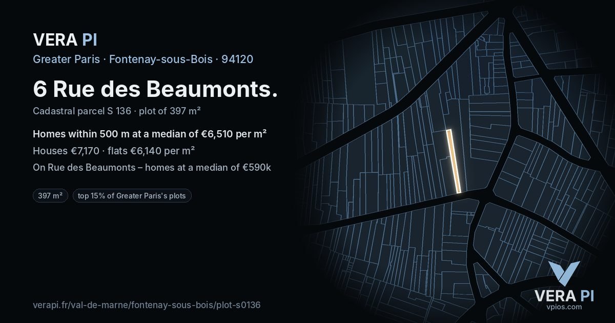 6 Rue des Beaumonts, Fontenay-sous-Bois at night – the plot lit, the parcels around coloured by the prices near them