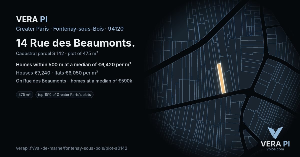 14 Rue des Beaumonts, Fontenay-sous-Bois at night – the plot lit, the parcels around coloured by the prices near them