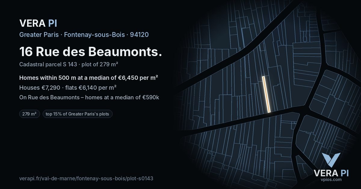 16 Rue des Beaumonts, Fontenay-sous-Bois at night – the plot lit, the parcels around coloured by the prices near them