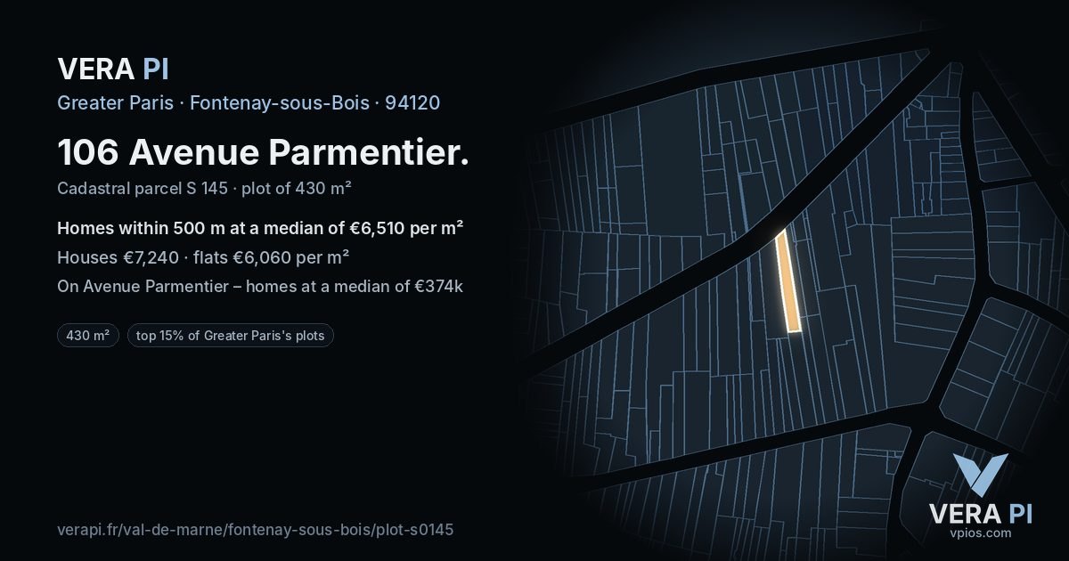 106 Avenue Parmentier, Fontenay-sous-Bois at night – the plot lit, the parcels around coloured by the prices near them