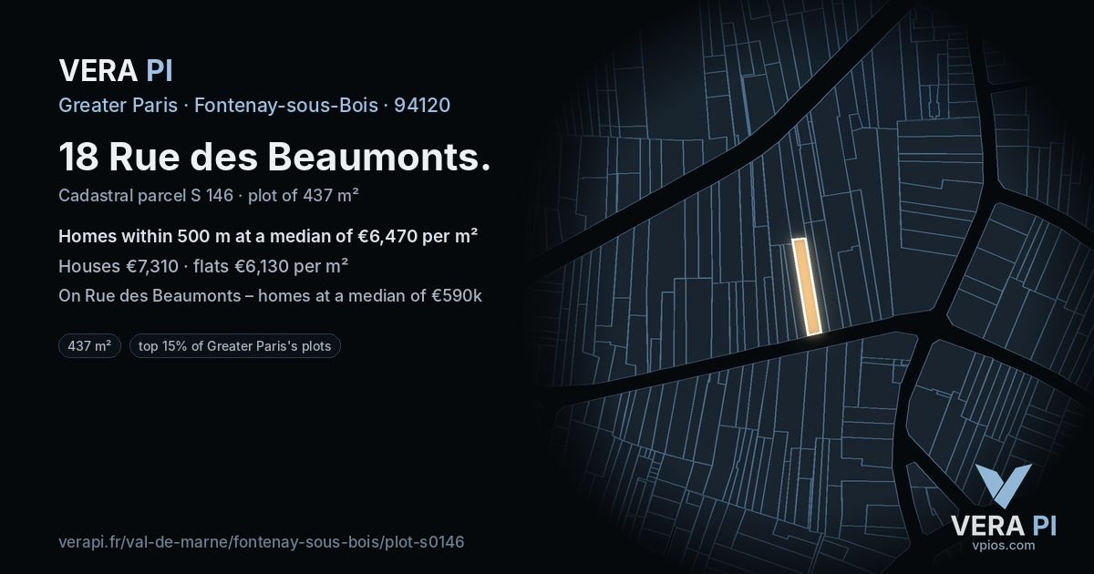 18 Rue des Beaumonts, Fontenay-sous-Bois at night – the plot lit, the parcels around coloured by the prices near them