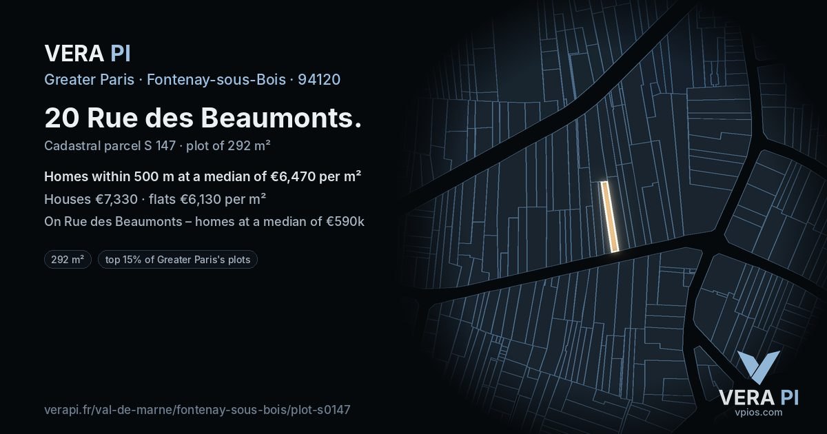 20 Rue des Beaumonts, Fontenay-sous-Bois at night – the plot lit, the parcels around coloured by the prices near them