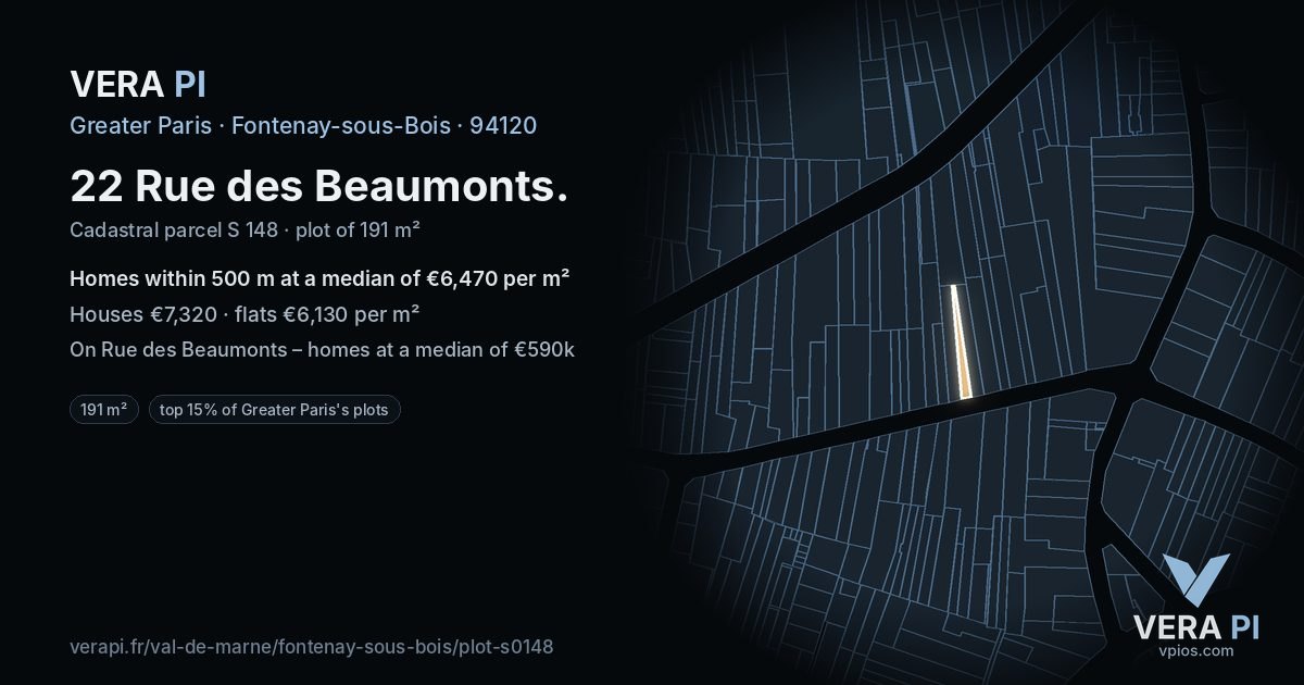 22 Rue des Beaumonts, Fontenay-sous-Bois at night – the plot lit, the parcels around coloured by the prices near them
