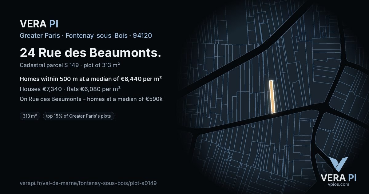 24 Rue des Beaumonts, Fontenay-sous-Bois at night – the plot lit, the parcels around coloured by the prices near them