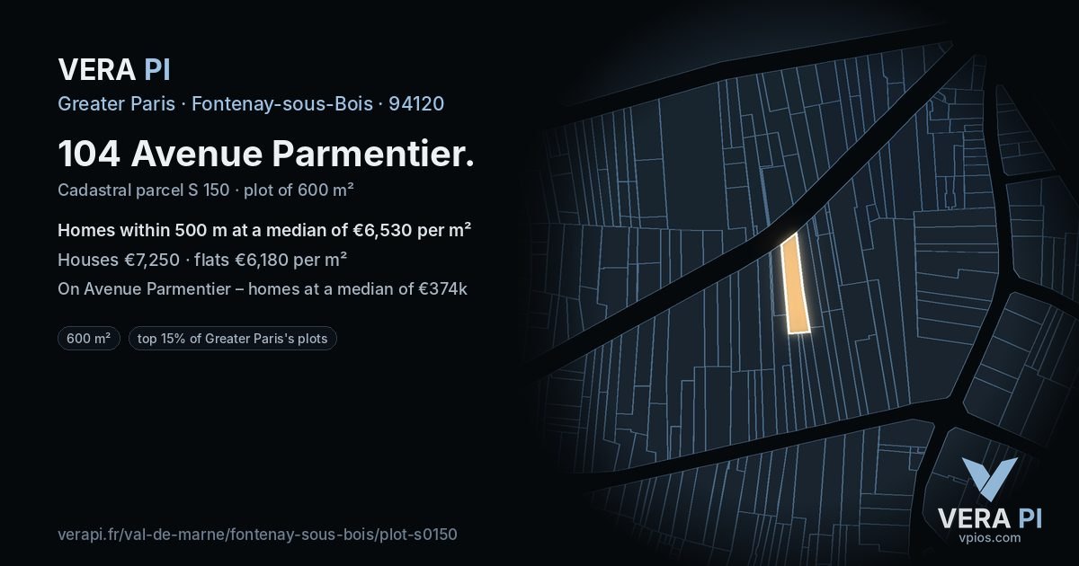 104 Avenue Parmentier, Fontenay-sous-Bois at night – the plot lit, the parcels around coloured by the prices near them