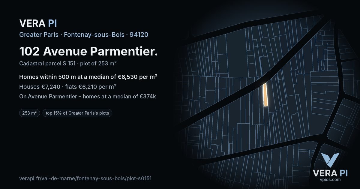 102 Avenue Parmentier, Fontenay-sous-Bois at night – the plot lit, the parcels around coloured by the prices near them