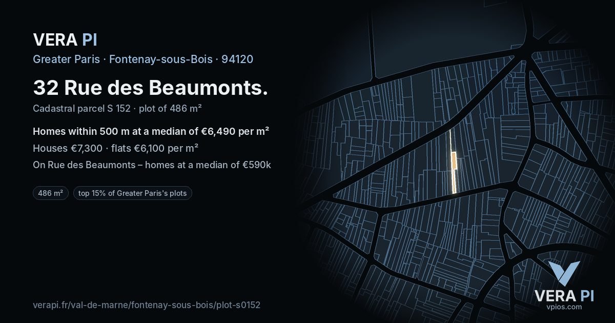 32 Rue des Beaumonts, Fontenay-sous-Bois at night – the plot lit, the parcels around coloured by the prices near them