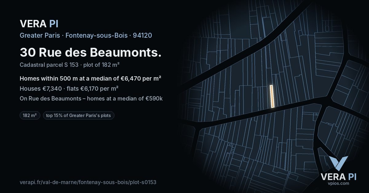 30 Rue des Beaumonts, Fontenay-sous-Bois at night – the plot lit, the parcels around coloured by the prices near them