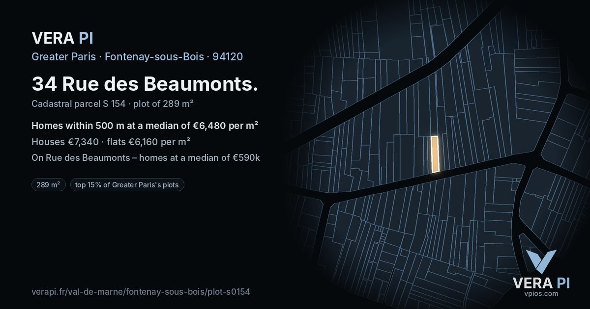 34 Rue des Beaumonts, Fontenay-sous-Bois at night – the plot lit, the parcels around coloured by the prices near them