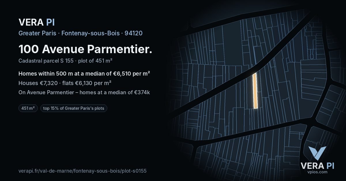 100 Avenue Parmentier, Fontenay-sous-Bois at night – the plot lit, the parcels around coloured by the prices near them
