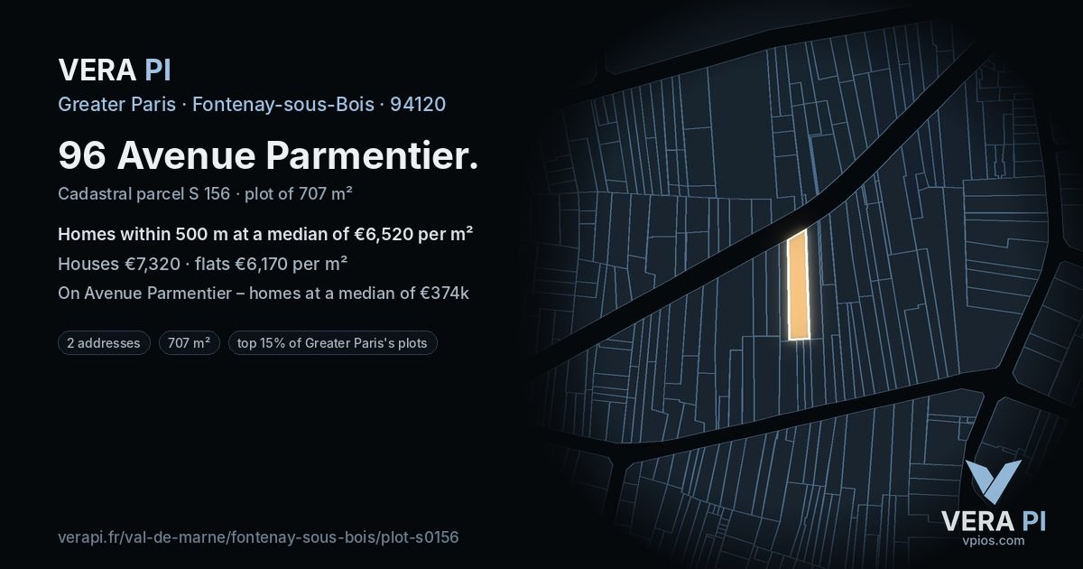96 Avenue Parmentier, Fontenay-sous-Bois at night – the plot lit, the parcels around coloured by the prices near them