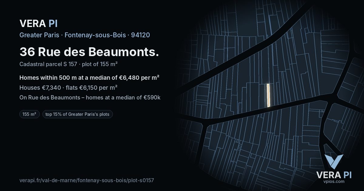 36 Rue des Beaumonts, Fontenay-sous-Bois at night – the plot lit, the parcels around coloured by the prices near them