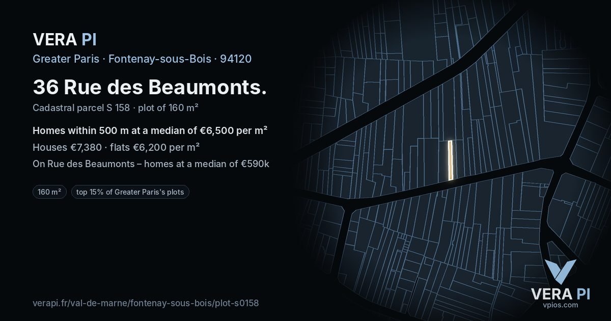 36 Rue des Beaumonts, Fontenay-sous-Bois at night – the plot lit, the parcels around coloured by the prices near them