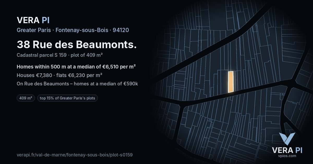 38 Rue des Beaumonts, Fontenay-sous-Bois at night – the plot lit, the parcels around coloured by the prices near them