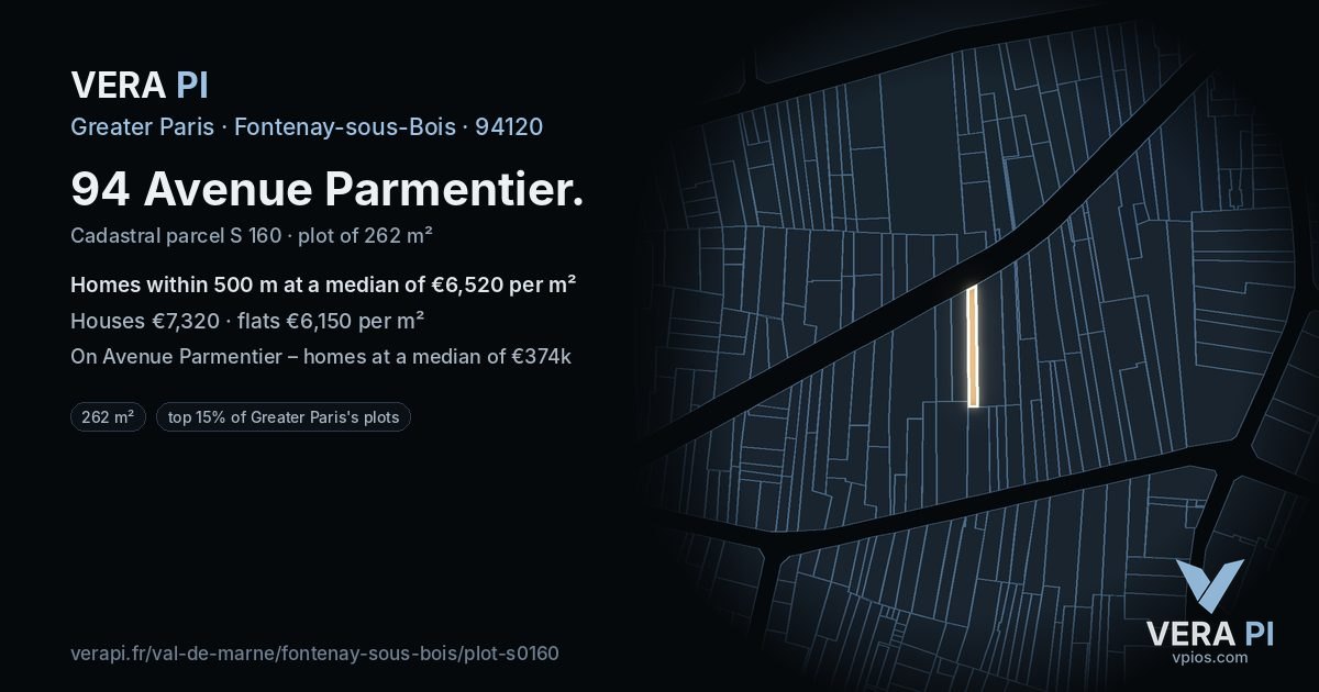 94 Avenue Parmentier, Fontenay-sous-Bois at night – the plot lit, the parcels around coloured by the prices near them