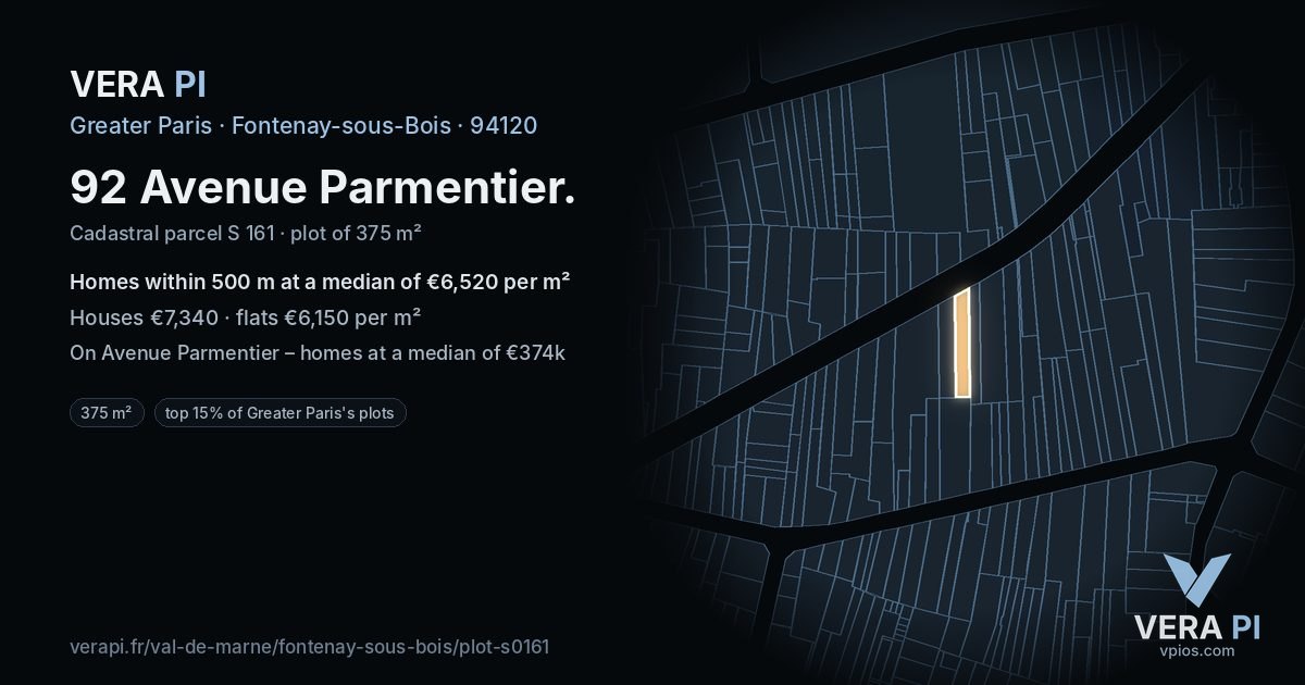 92 Avenue Parmentier, Fontenay-sous-Bois at night – the plot lit, the parcels around coloured by the prices near them