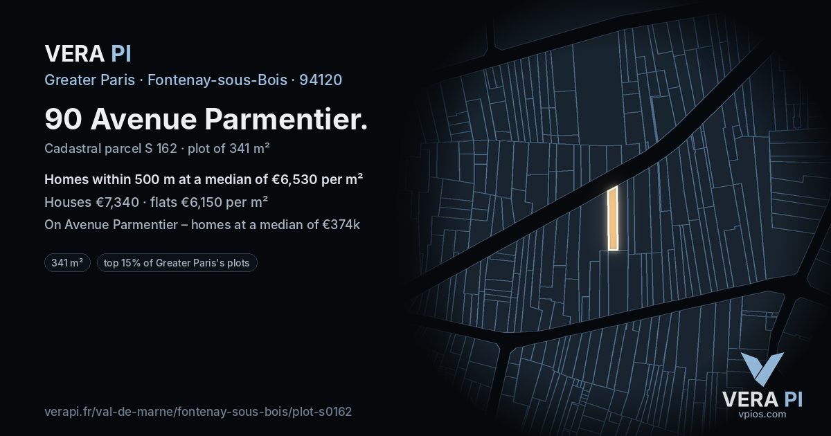 90 Avenue Parmentier, Fontenay-sous-Bois at night – the plot lit, the parcels around coloured by the prices near them