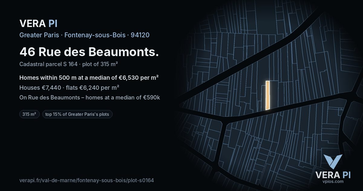 46 Rue des Beaumonts, Fontenay-sous-Bois at night – the plot lit, the parcels around coloured by the prices near them
