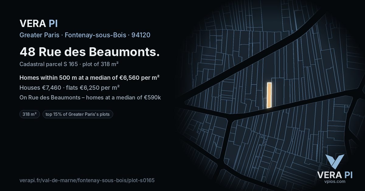 48 Rue des Beaumonts, Fontenay-sous-Bois at night – the plot lit, the parcels around coloured by the prices near them