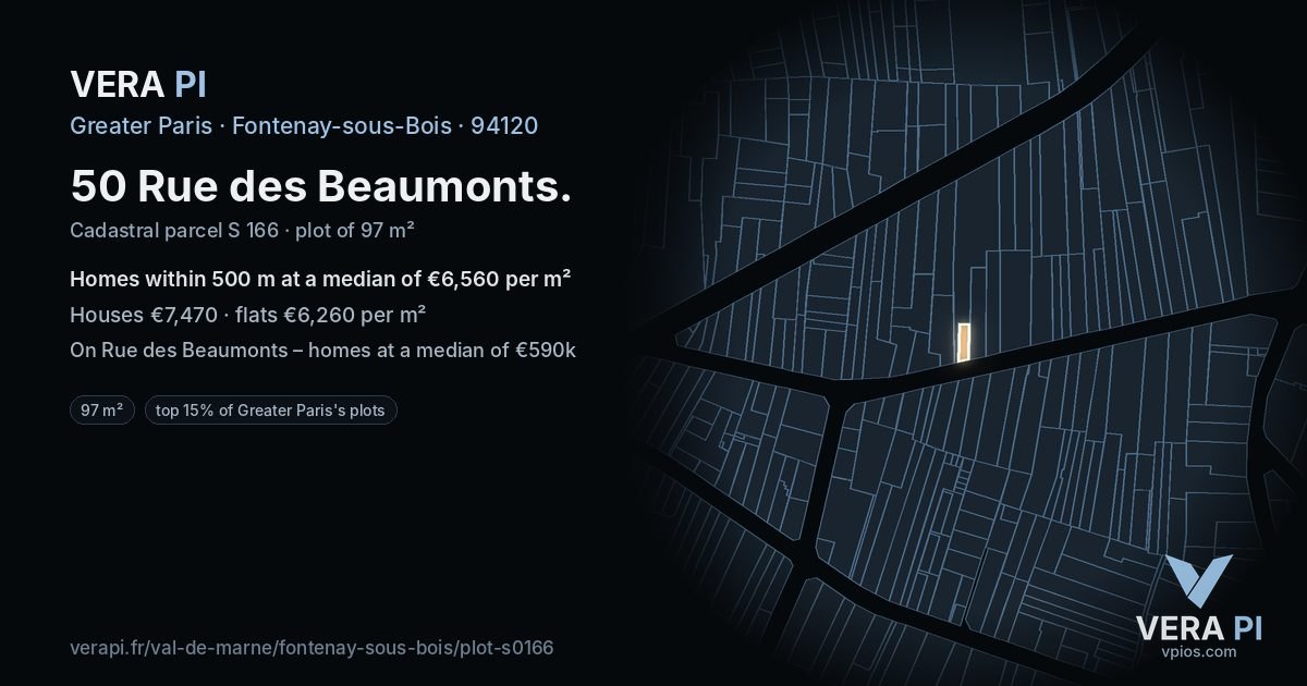 50 Rue des Beaumonts, Fontenay-sous-Bois at night – the plot lit, the parcels around coloured by the prices near them