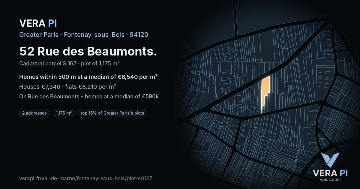 52 Rue des Beaumonts, Fontenay-sous-Bois at night – the plot lit, the parcels around coloured by the prices near them