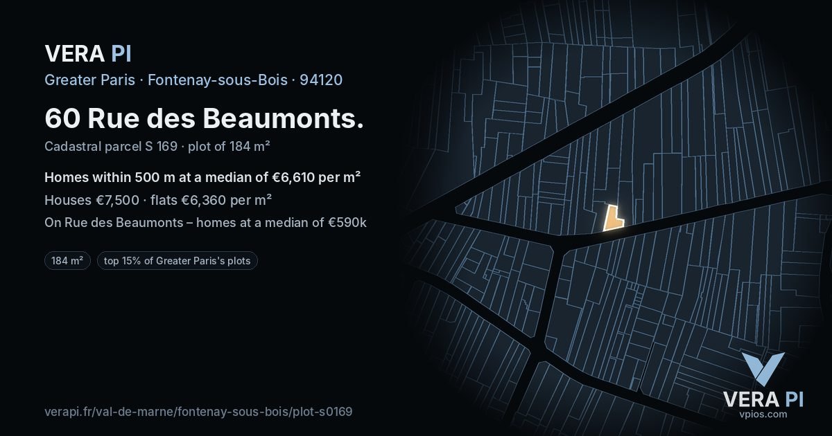 60 Rue des Beaumonts, Fontenay-sous-Bois at night – the plot lit, the parcels around coloured by the prices near them