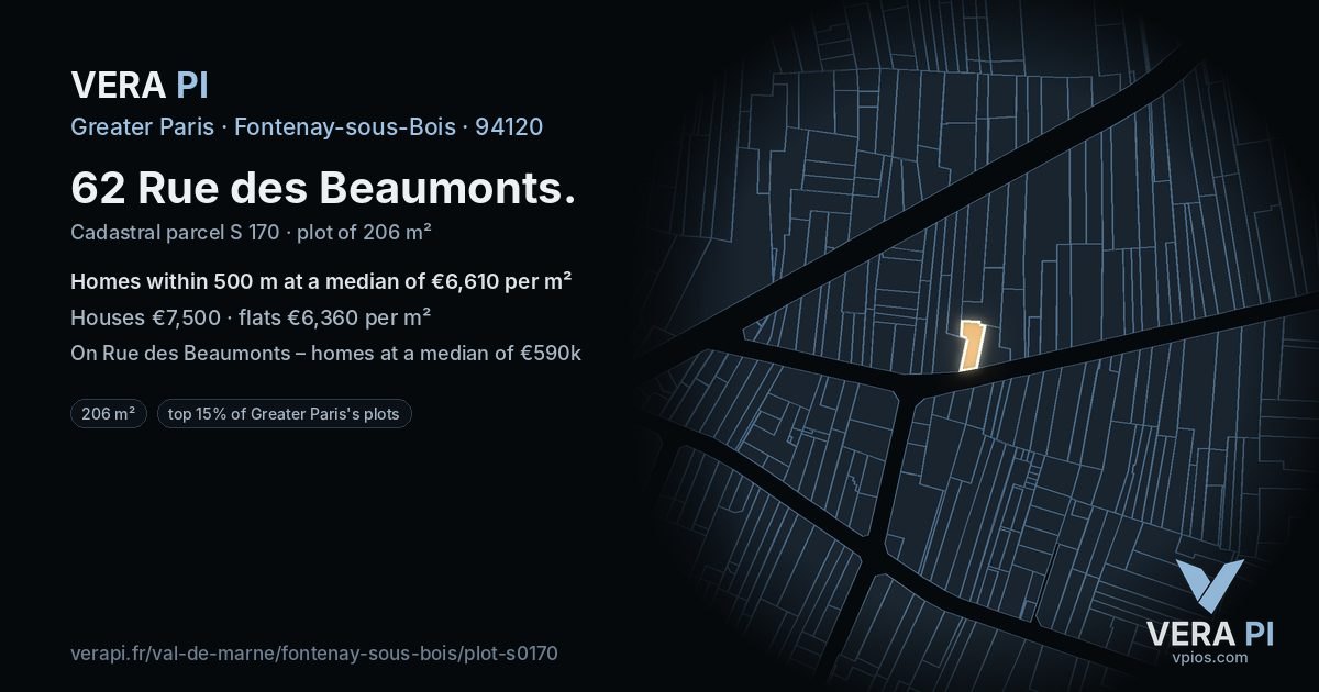 62 Rue des Beaumonts, Fontenay-sous-Bois at night – the plot lit, the parcels around coloured by the prices near them