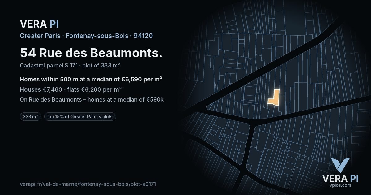 54 Rue des Beaumonts, Fontenay-sous-Bois at night – the plot lit, the parcels around coloured by the prices near them