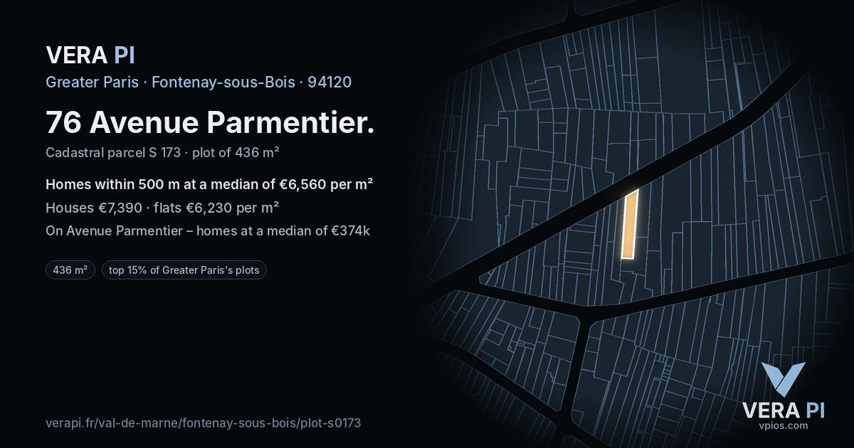 76 Avenue Parmentier, Fontenay-sous-Bois at night – the plot lit, the parcels around coloured by the prices near them