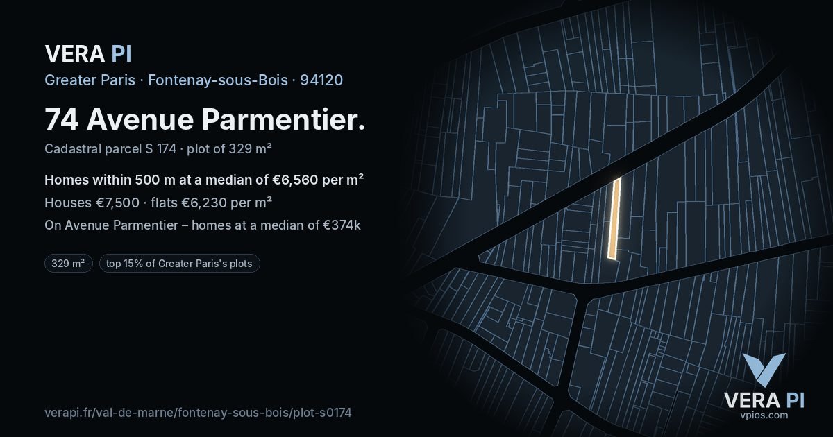 74 Avenue Parmentier, Fontenay-sous-Bois at night – the plot lit, the parcels around coloured by the prices near them