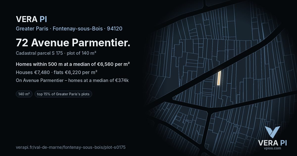 72 Avenue Parmentier, Fontenay-sous-Bois at night – the plot lit, the parcels around coloured by the prices near them