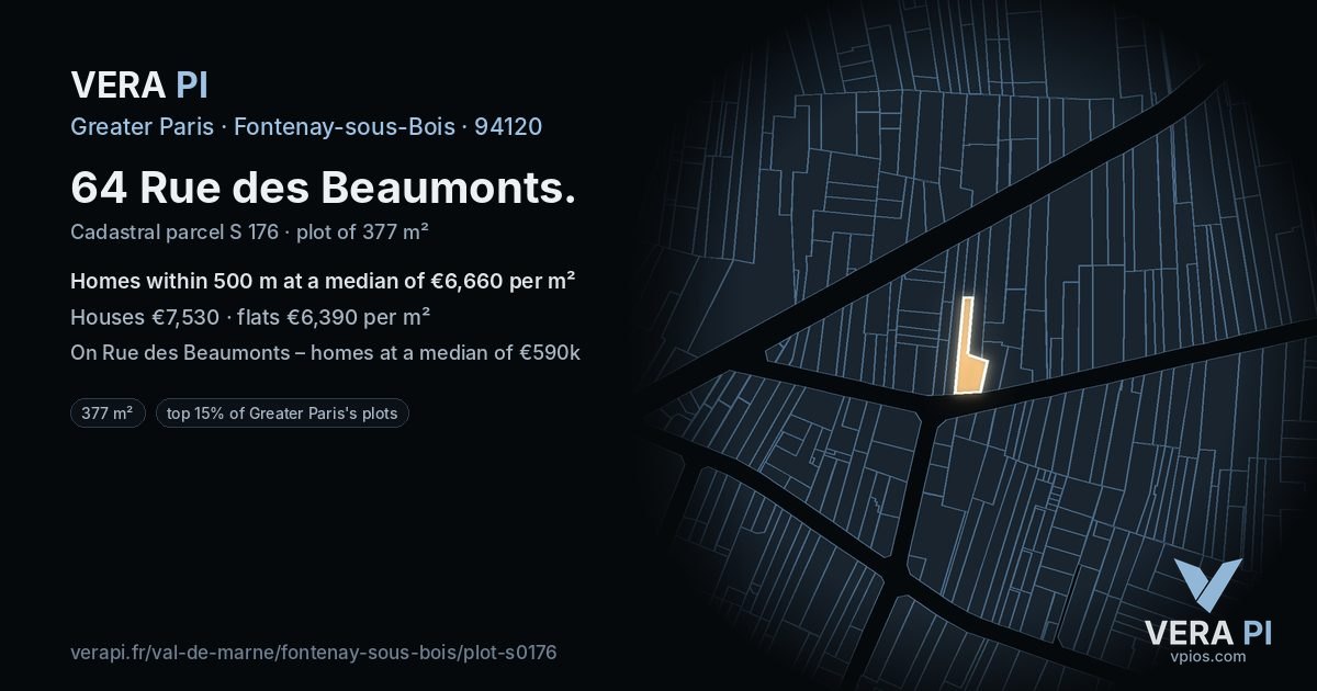 64 Rue des Beaumonts, Fontenay-sous-Bois at night – the plot lit, the parcels around coloured by the prices near them