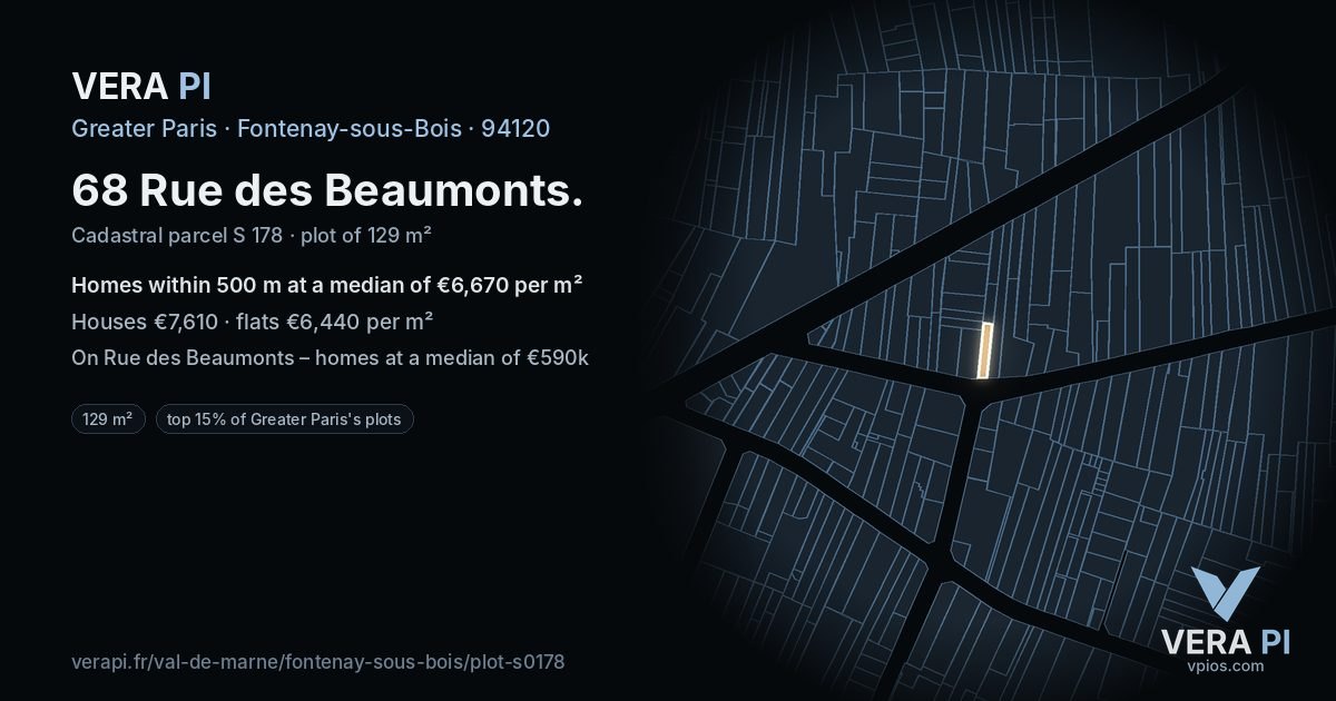 68 Rue des Beaumonts, Fontenay-sous-Bois at night – the plot lit, the parcels around coloured by the prices near them
