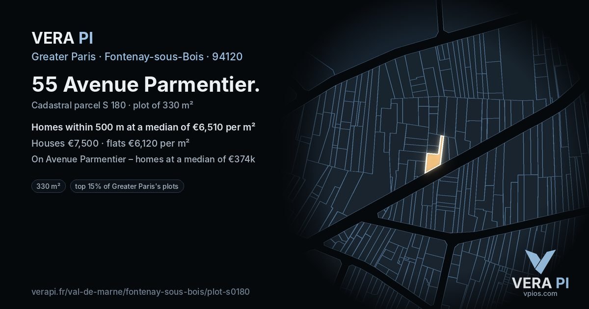 55 Avenue Parmentier, Fontenay-sous-Bois at night – the plot lit, the parcels around coloured by the prices near them